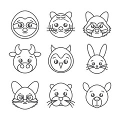 cute animals head cartoon icons set line style