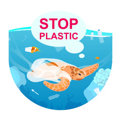 Turtle in ocean with plastic waste flat concept icon. Sea water pollution. Marine animal trapped in disposable packages sticker, clipart. Isolated cartoon illustration on white background