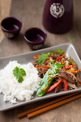 Asian Beef and Vegetable Stir Fry Served with Rice.
