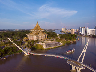 Aerial image Of An Iconic Building Dewan Undangan Negeri At Kuching Waterfront, Sarawak, Malaysia