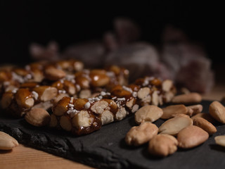 Turron bar of caramelised sugar and almonds. Traditional spanish Christmas sweets