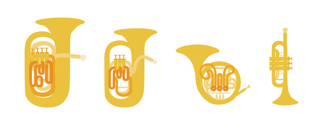 Set of vector modern flat design brass instruments - obrazy, fototapety, plakaty