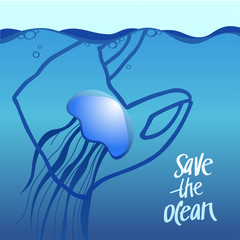 A square vector image with the text Save the ocean, the plastic package and the jellyfish.  The environment protection vector design for a poster, flyer print. Plastic free and zero waste theme