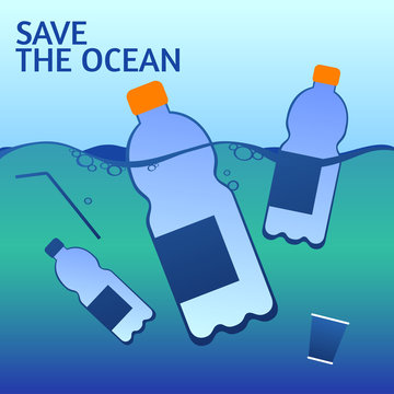 A square vector image with the lettering Save the ocean and the plastic bottles.  The environment protection vector design for a poster, flyer print. Plastic free and zero waste theme