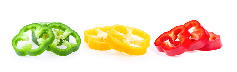 sliced green yellow red bell pepper isolated on white background
