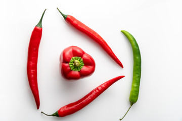 Chilli triangle Stillleben mit Pakrika auf weißem Hintergrund