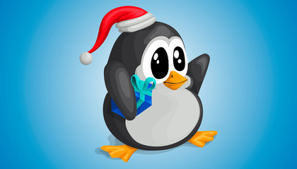 Vector cute penguin in Christmas hat with gift in cartoon style