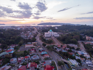 Aerial image of new Court Complex building of Kota Kinabalu, Sabah during twilight sunset