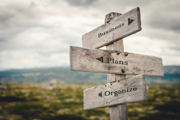 Business, plans and organize wooden signpost outdoors in nature. Quote, message, road, business, success concept.