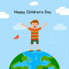 World Children's Day. a boy standing on earth, orange hair, behind him is a paper airplane