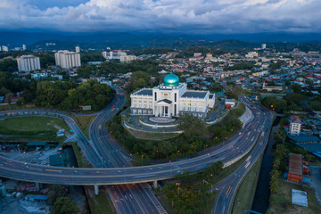 Aerial image of new Court Complex building of Kota Kinabalu, Sabah during twilight sunset