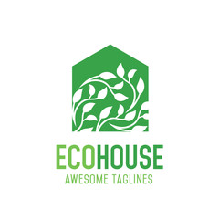 Green house logo vector concept, simple leaf and house vector illustration concept