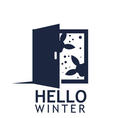 Hello winter vector background. Happy rabbit with door.