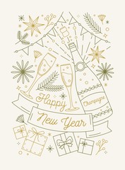 Happy New Year greeting card template. Sparkling wine bottle and glasses lineart illustration. Decorative gift boxes, fir branches, stars for Christmas holiday wishes postcard design.