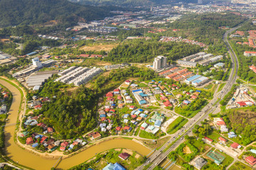 Bird eyes view of local housing houses in Kota Kinabalu, Sabah, Malaysia