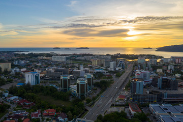 Aerial image of beautiful Kota Kinabalu City during twilight sunset on Sabah, Malaysia