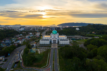 Aerial image of beautiful Kota Kinabalu City during twilight sunset on Sabah, Malaysia