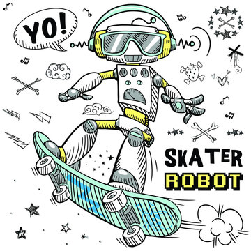 robot toy skater illustration graphic design print
