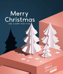 A realistic vector with paper cut christmas trees. Abstract winter background.