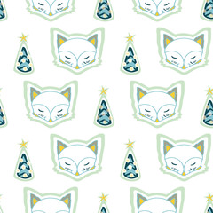 Cute winter fox, christmas tree, heart, hand drawn backdrop. Colorful seamless pattern with animals. Cute wallpaper, for printing. Folk art background vector, illustration. Happy New Year. Winter time