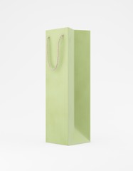 Eco packaging mockup bag kraft paper with handle half side. Tall narrow green template on white background promotional advertising. 3D rendering