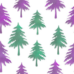 Seamless pattern texture of color pink and green carved Christmas fir trees isolated on a white background