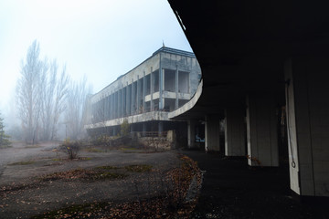 Abandoned city of Pripyat in the fog