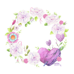 Watercolor illustration of a wreath of a bouquet of wild roses of pale pink color and accessories for knitting needlework.  illustration