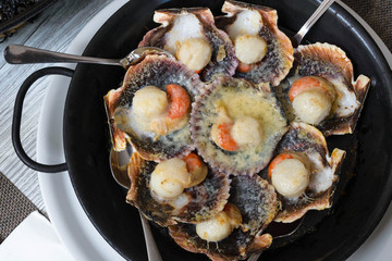 Baked scallops with cheese and spicy sauce. Delicate clam is a real pleasure. Romantic dinner at a Spanish fish restaurant. Mallorca Island, Spain.