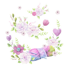 Watercolor illustration of a wreath of a bouquet of wild roses of pale pink color and accessories for knitting needlework.  illustration