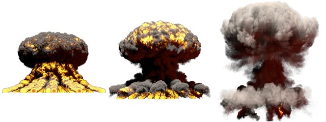 3D illustration of explosion - 3 huge different phases fire mushroom cloud explosion of nuclear bomb with smoke and flame isolated on white