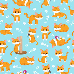 Childish seamless nursery pattern. Cute kawaii ginger cats with paws and fish bones. Cartoon vector character.