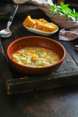 soup with corn and vegetables (first course, vegetarian dish) menu concept. food background. copy space. Top view