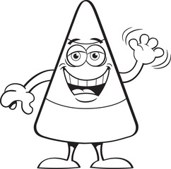 Black and white illustration of a happy candy corn waving.