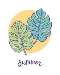 Summer. Hand drawn tropical leaves. Vector illustration.