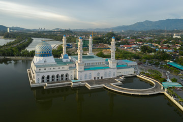 Aerial Drone image of beautiful mosque and the most famous tourist spot Likas Mosque(Masjid...