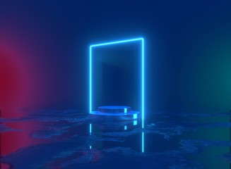 Pedestal, platform, shiny metallic podium with glowing frame. Blank product showcase stand, commercial mockup with copy space. Performance stage. Neon show light 3d illustration.