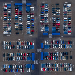 Square aerial top view parking lot cars. Parking lot top view cars are parked in open parking near market places.