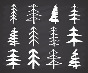 Christmas tree Hand drawn set. Pine trees collection vector Illustration on chalkboard background