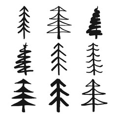 Christmas tree Hand drawn set. Pine trees collection vector Illustration isolated on white background