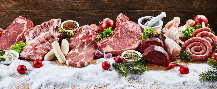Panoramic view of variety of meat in winter