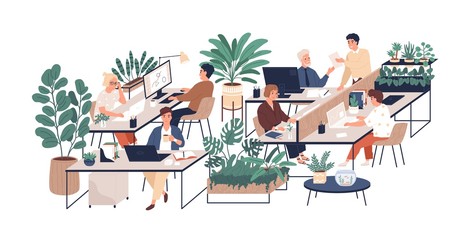 Green office flat vector illustration. Company staff, co-workers male and female cartoon characters. Comfortable workplace. Office coziness, domestic atmosphere, corporate environment.