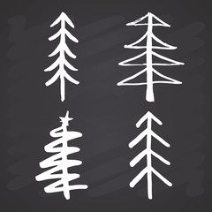 Christmas tree Hand drawn set. Pine trees collection vector Illustration on chalkboard background