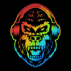 angry gorilla headphone colorful vector illustration