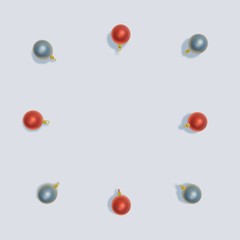 Christmas balls isolated on white background. Top view with copy space. 3d rendering