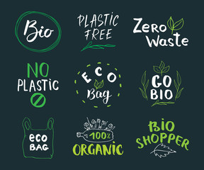 Eco and Bio Hand Drawn labels Set. Calligraphic Letterings with eco friendly sketch doodle elements. Vector illustration