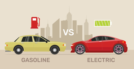 Cartoon character, comparing electric versus gasoline car.