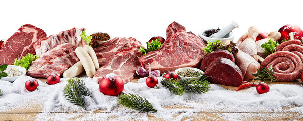 Panoramic view of raw meat for winter holiday