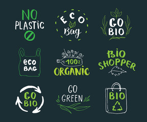 Eco and Bio Hand Drawn labels Set. Calligraphic Letterings with eco friendly sketch doodle elements. Vector illustration