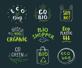 Eco and Bio Hand Drawn labels Set. Calligraphic Letterings with eco friendly sketch doodle elements. Vector illustration